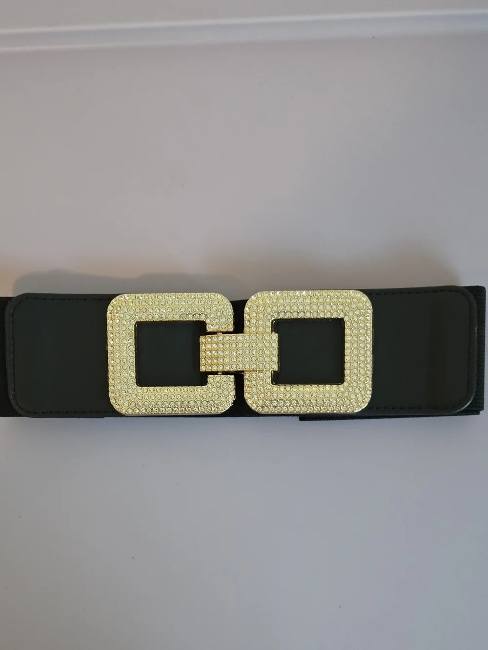 Black Elastic Waist Belt with Gold Rhinestone Buckle